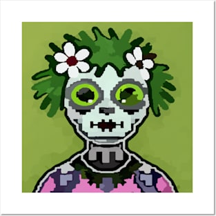 watercolor flowers zombie pixel art Posters and Art